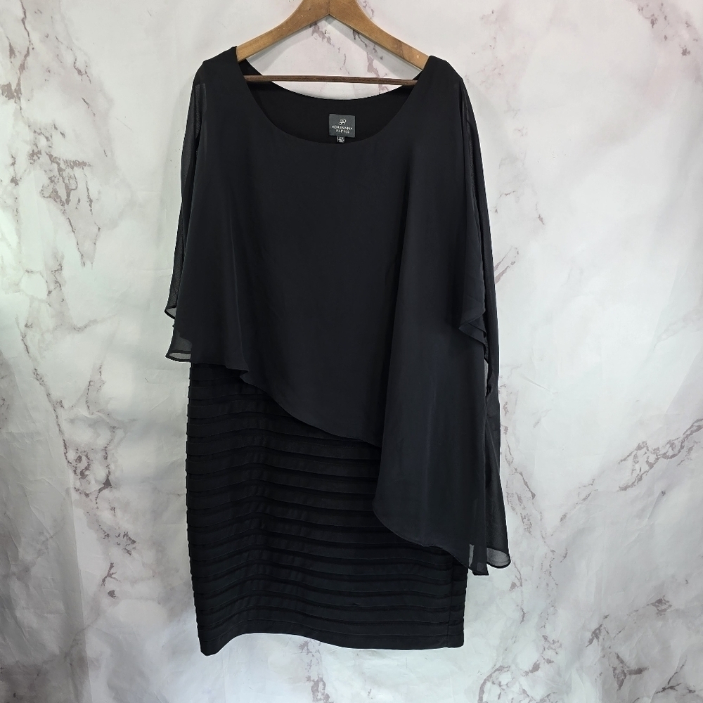 Adrianna Papell Dress Women 20W Black Pleated Bodycon Sheath Assymetric Batwing